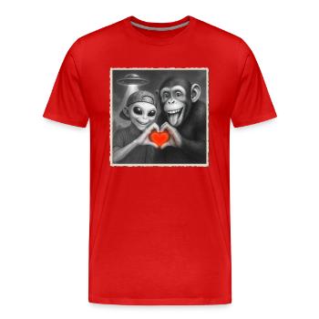 Affe Außerirdischer Schimpanse Herz Hand Liebe UFO - Männer Premium Bio T-Shirt - Rot - Vorne - Damien (186cm)