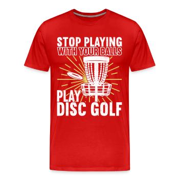 Disc Golf Disc Golfer - Men's Premium Organic T-Shirt - red - Front - Damien (186cm)