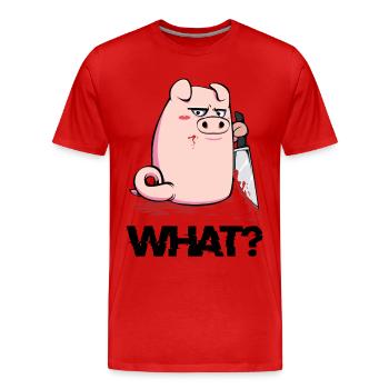 Blutiger Messer-Pig mit schwarzem Humor - Männer Premium Bio T-Shirt - Rot - Vorne - Damien (186cm)