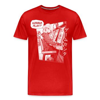 Arcade Anime Girl in Gaming Center “Wanna play?” - Männer Premium Bio T-Shirt - Rot - Vorne - Damien (186cm)