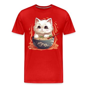Eine Schüssel Ramen mit einem Gast: einer Kawai-Katze - Männer Premium Bio T-Shirt - Rot - Vorne - Damien (186cm)