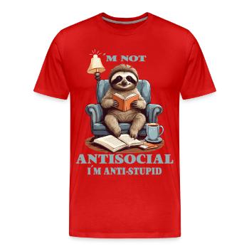 Clever sloth with book - Men's Premium Organic T-Shirt - red - Front - Damien (186cm)