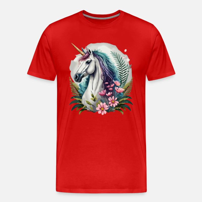 Wunderschönes Einhorn mit Blumen - Männer Premium Bio T-Shirt - Rot