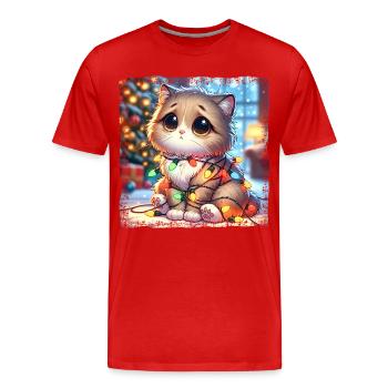 Süße Weihnachts Katze Tollpatschig Verheddert - Männer Premium Bio T-Shirt - Rot - Vorne - Damien (186cm)