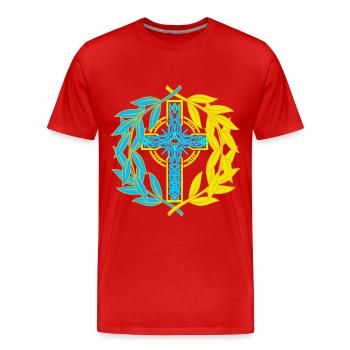 Kruzifix Kreuz Kreuze Lorbeerkranz Religion - Männer Premium Bio T-Shirt - Rot - Vorne - Damien (186cm)