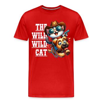 Cartoon Cowboy Katze reitet auf Hund, The Wild Cat - Männer Premium Bio T-Shirt - Rot - Vorne - Damien (186cm)