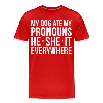 my dog ate my pronouns - T-shirt bio Premium Homme - rouge - Devant - Damien (186cm)
