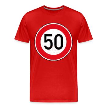 Panneau 50ème Anniversaire Limite de Vitesse Cadeau Tempo 50 - T-shirt bio Premium Homme - rouge - Devant - Damien (186cm)