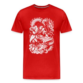 Chemise de samouraï : Dragons dansant toute la nuit de la fête - T-shirt bio Premium Homme - rouge - Devant - Damien (186cm)