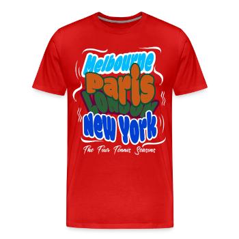 Maillot de tennis Melbourne, Londres, Paris, New York - T-shirt bio Premium Homme - rouge - Devant - Damien (186cm)