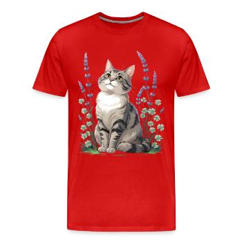 Elegante Katze mit Lavendel und Klee - Männer Premium Bio T-Shirt - Rot - Vorne - Damien (186cm)
