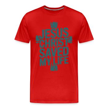 Jésus-Christ m’a sauvé la vie - T-shirt bio Premium Homme - rouge - Devant - Damien (186cm)