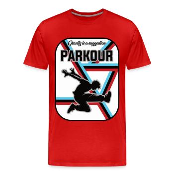 Parkour Design – Gravity is a Suggestion - Men's Premium Organic T-Shirt - red - Front - Damien (186cm)