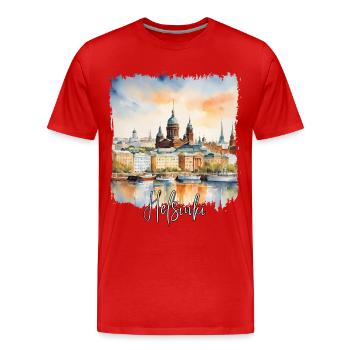 Aquarelle d’Helsinki, j’adore Helsinki - T-shirt bio Premium Homme - rouge - Devant - Damien (186cm)