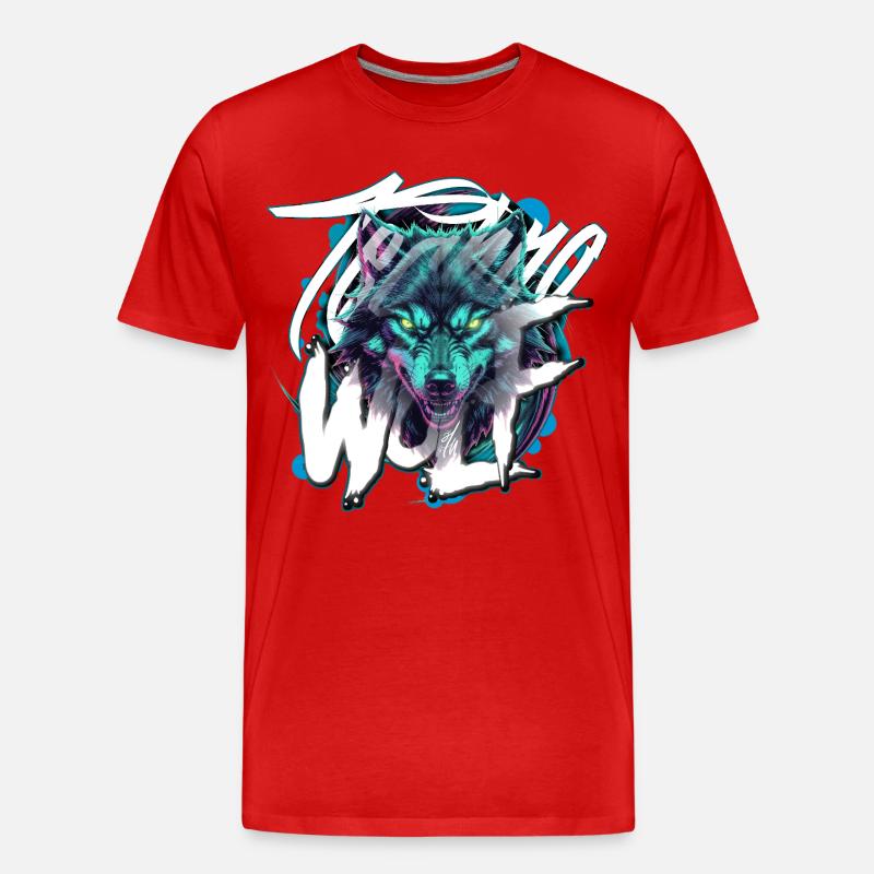 Neon Techno Wolf Head–Rave Wolf - Männer Premium Bio T-Shirt - Rot