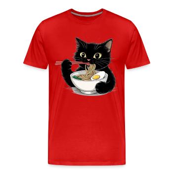 Schwarze Katze isst Ramen Nudeln  - Männer Premium Bio T-Shirt - Rot - Vorne - Damien (186cm)