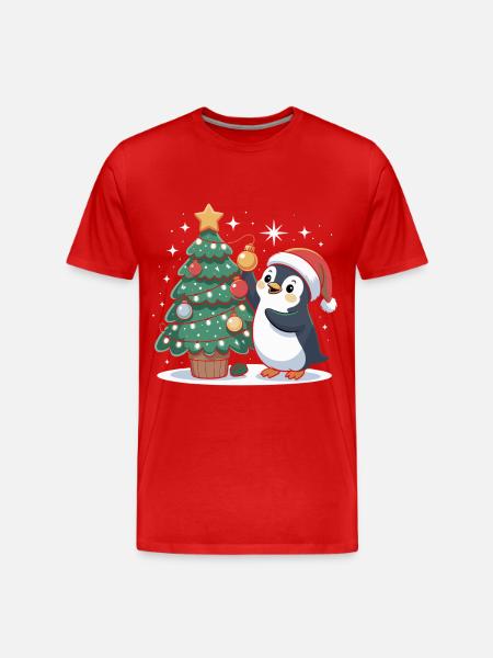 Pinguin schmückt Weihnachtsbaum - Männer Premium Bio T-Shirt - Rot