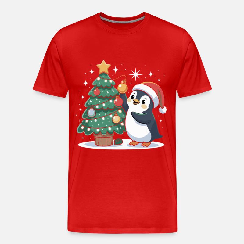 Pinguin schmückt Weihnachtsbaum - Männer Premium Bio T-Shirt - Rot
