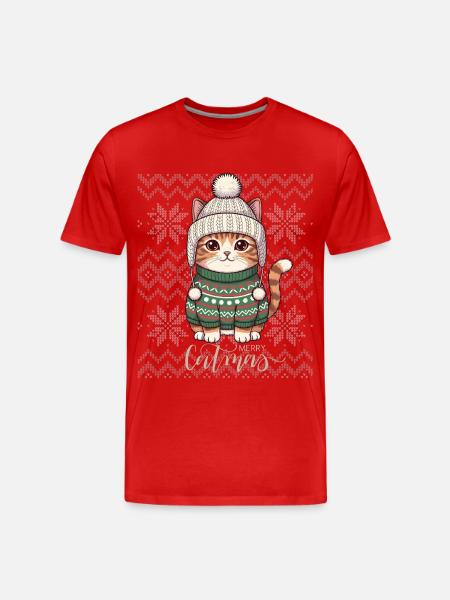 Festive knit winter kitten - Men's Premium Organic T-Shirt - red