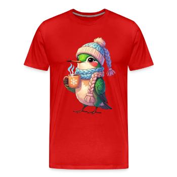 Winterkuschel Vogel mit Becher - Männer Premium Bio T-Shirt - Rot - Vorne - Damien (186cm)