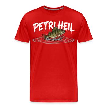 PETRI HEIL – Angler greeting with perch - Men's Premium Organic T-Shirt - red - Front - Damien (186cm)