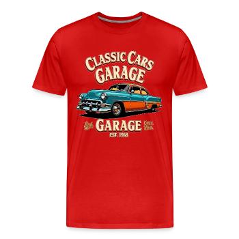 Klassische Autos Garage Druck - Männer Premium Bio T-Shirt - Rot - Vorne - Damien (186cm)