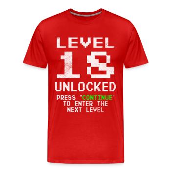 Level 18 Unlocked - Men's Premium Organic T-Shirt - red - Front - Damien (186cm)