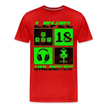Level 18 Unlocked - Men's Premium Organic T-Shirt - red - Front - Damien (186cm)