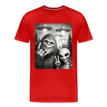 Bigfoot, Alien Rocker, Musique Rock, Main de Rock, OVNI - T-shirt bio Premium Homme - rouge - Devant - Damien (186cm)