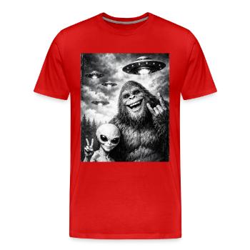 Bigfoot, Alien Rocker, Musique Rock, Main de Rock, OVNI - T-shirt bio Premium Homme - rouge - Devant - Damien (186cm)