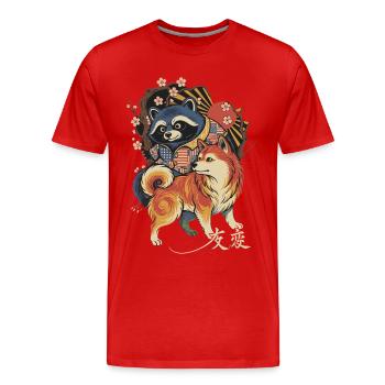 Waschbär und Shiba Inu Japan Art Kirschblüten - Männer Premium Bio T-Shirt - Rot - Vorne - Damien (186cm)
