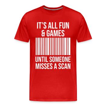 Barcode joke: Fun while scanning - Men's Premium Organic T-Shirt - red - Front - Damien (186cm)