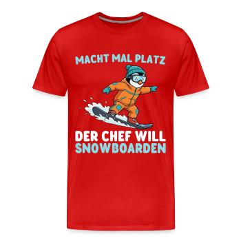 Pinguin Macht Platz der Chef will Snowboarden - Men's Premium Organic T-Shirt - red - Front - Damien (186cm)