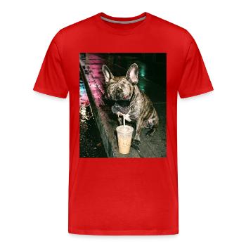 French Bulldog Drinking Iced Coffee - Men's Premium Organic T-Shirt - red - Front - Damien (186cm)