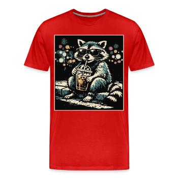 Funny raccoon drinking iced coffee - Men's Premium Organic T-Shirt - red - Front - Damien (186cm)