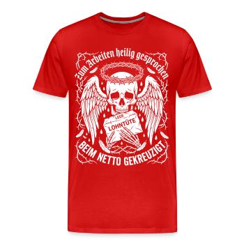Zum Arbeiten Heilig Gesprochen - Männer Premium Bio T-Shirt - Rot - Vorne - Damien (186cm)