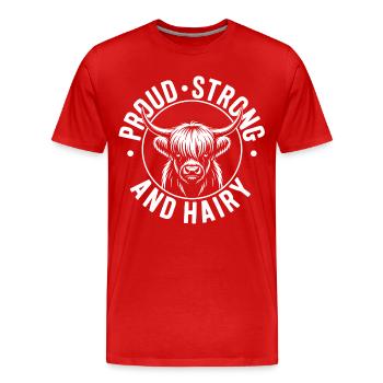 Vache des Highlands / Bœuf des Highlands – J’adore les Highlands - T-shirt bio Premium Homme - rouge - Devant - Damien (186cm)