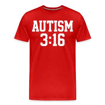 Typographie de l’acceptation de l’autisme - T-shirt bio Premium Homme - rouge - Devant - Damien (186cm)