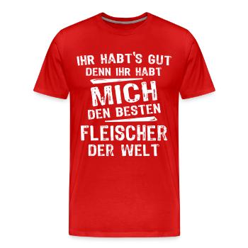 Fleischer - Männer Premium Bio T-Shirt - Rot - Vorne - Damien (186cm)