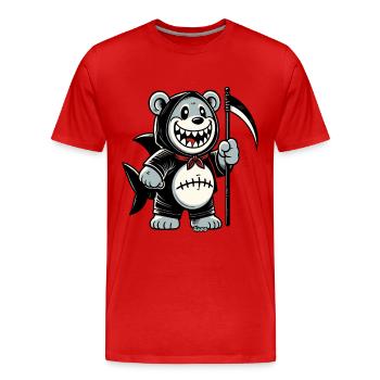 Grinsender Bär mit Sense - Männer Premium Bio T-Shirt - Rot - Vorne - Damien (186cm)