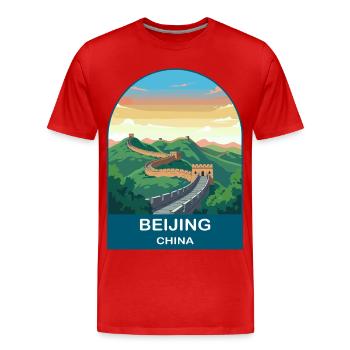 Affiche de voyage vintage de la Grande Muraille de Chine à Pékin - T-shirt bio Premium Homme - rouge - Devant - Damien (186cm)