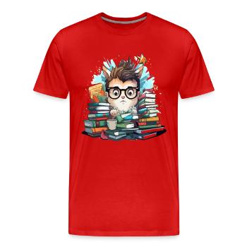 Stack of books cat with glasses - Men's Premium Organic T-Shirt - red - Front - Damien (186cm)