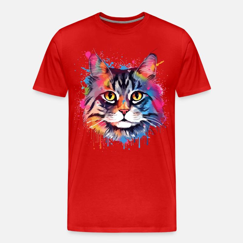 Bunte Splash-Art: Amerikanischer Bobtail-Katzenkopf - Männer Premium Bio T-Shirt - Rot