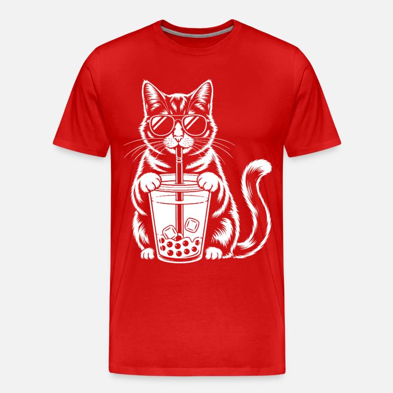 Katze mit Bubble Tee - Männer Premium Bio T-Shirt - Rot