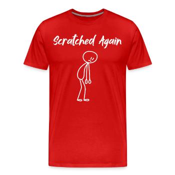 Scratched Again Humour Drôle | Design Minimaliste - T-shirt bio Premium Homme - rouge - Devant - Damien (186cm)