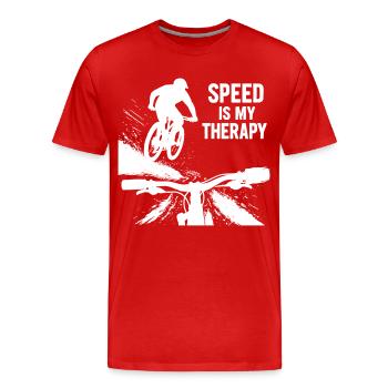 La vitesse est ma thérapie - Point de vue du saut en descente en VTT - T-shirt bio Premium Homme - rouge - Devant - Damien (186cm)