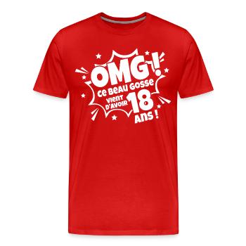Anniversaire 18 ans Cadeau humour personnalisé - T-shirt bio Premium Homme - rouge - Devant - Damien (186cm)