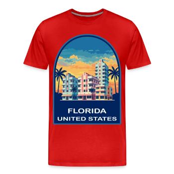 Badge de voyage rétro au coucher de soleil de Miami en Floride - T-shirt bio Premium Homme - rouge - Devant - Damien (186cm)