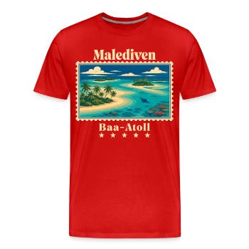 Marque de voyage vintage Maldives Baa Atoll - T-shirt bio Premium Homme - rouge - Devant - Damien (186cm)