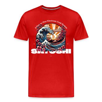 Vague d’ukiyoe Bitcoin avec des cerisiers en fleurs - T-shirt bio Premium Homme - rouge - Devant - Damien (186cm)